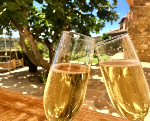 Toast de deux coupes de cava sur la terrasse ensoleillée